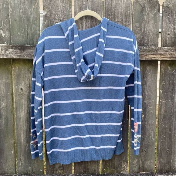 J. Jill Blue Striped Embroidered Hooded Sweater | M - Picture 4 of 4